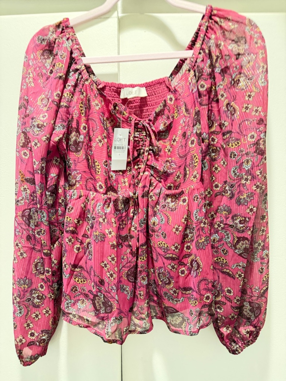 LOFT Pink Paisley Tie-Front Peasant Blouse